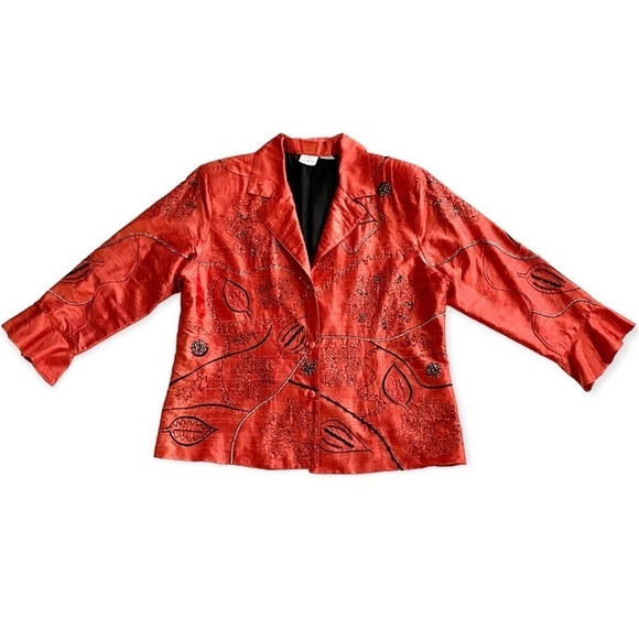 Orange Silk Button-down Blazer Jacket Top Large Artsy Beaded - Picture 4 of 15